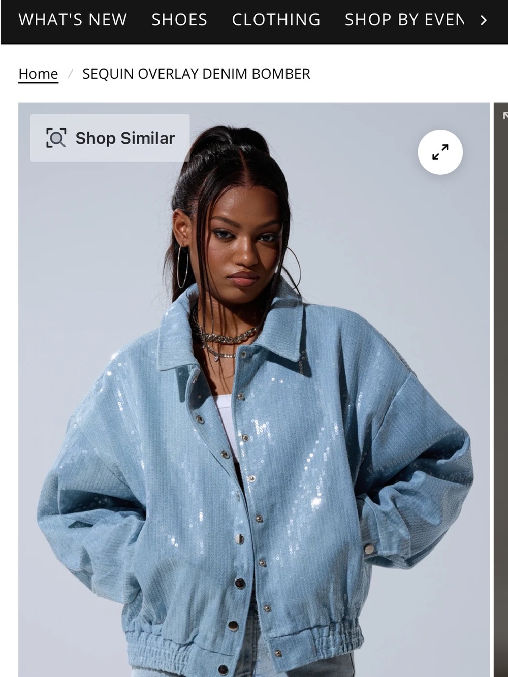 AKIRA Sequin Overlay Denim Bomber Jacket - Light Blue